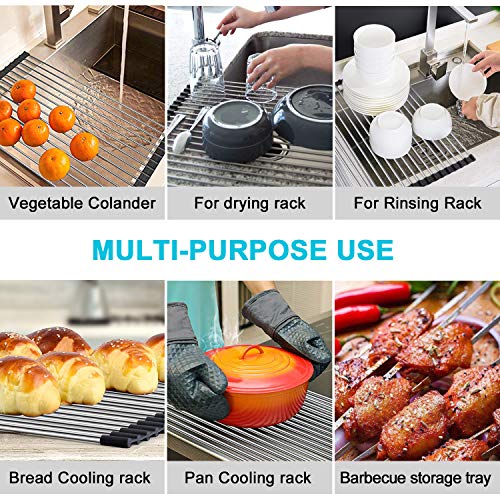 G-TING Dish Drying Rack 17.6" x 16", Over Sink Roll Up Large Dish Drainers Rack, Multipurpose Foldable Kitchen Sink Rack Mat Stainless Steel with Silicone Rims for Dishes, Cups, Fruits Vegetables