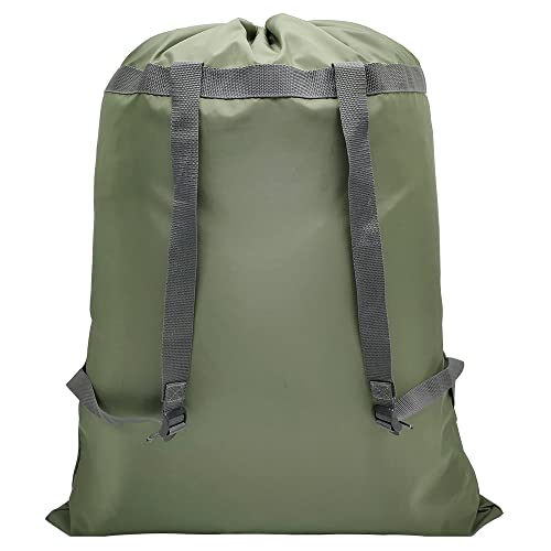 Army Green Laundry Bag Backpack, 27” x 34”Sturdy Laundry Bag with Shoulder Straps Drawstring Closure Heavy Duty Foldable Laundry Backpack for College, Travel, Laundromat, Apartment,Camping