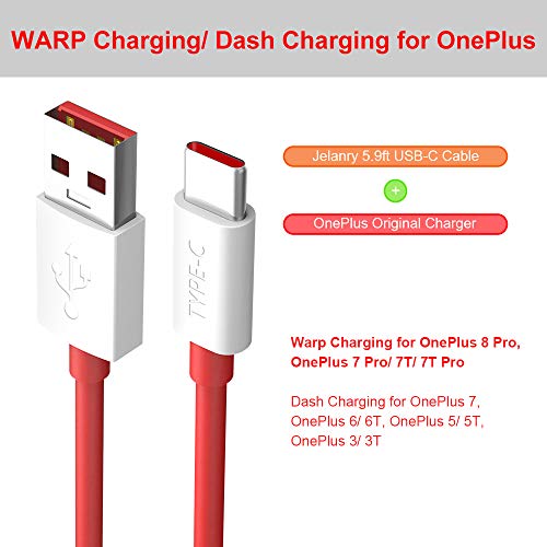 OnePlus 8 Pro Warp Charging Cable, Jelanry 6ft USB Type C Cable for OnePlus 6T Dash Charging Cable Rapid Data Syncing Rubber Coating Fast Charger Cable for OnePlus 11 10 Pro 8 7T 7 Pro 6T 5T Red 2Pack