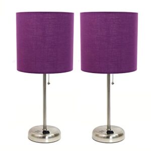 limelights lc2001-prp-2pk brushed steel stick lamp with charging outlet and purple fabric shade 2 pack table desk lamp set