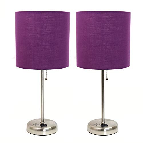 Limelights LC2001-PRP-2PK Brushed Steel Stick Lamp with Charging Outlet and Purple Fabric Shade 2 Pack Table Desk Lamp Set