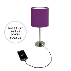 Limelights LC2001-PRP-2PK Brushed Steel Stick Lamp with Charging Outlet and Purple Fabric Shade 2 Pack Table Desk Lamp Set