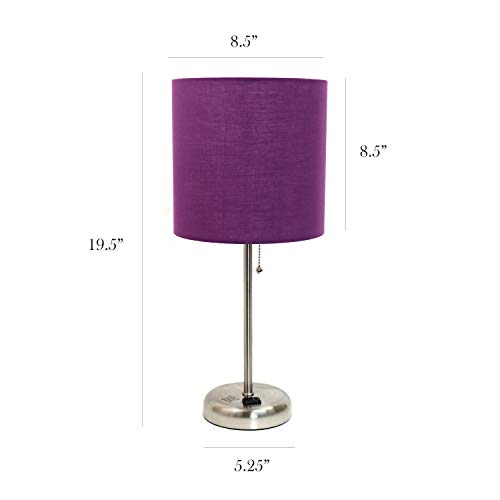 Limelights LC2001-PRP-2PK Brushed Steel Stick Lamp with Charging Outlet and Purple Fabric Shade 2 Pack Table Desk Lamp Set