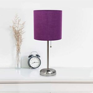 Limelights LC2001-PRP-2PK Brushed Steel Stick Lamp with Charging Outlet and Purple Fabric Shade 2 Pack Table Desk Lamp Set