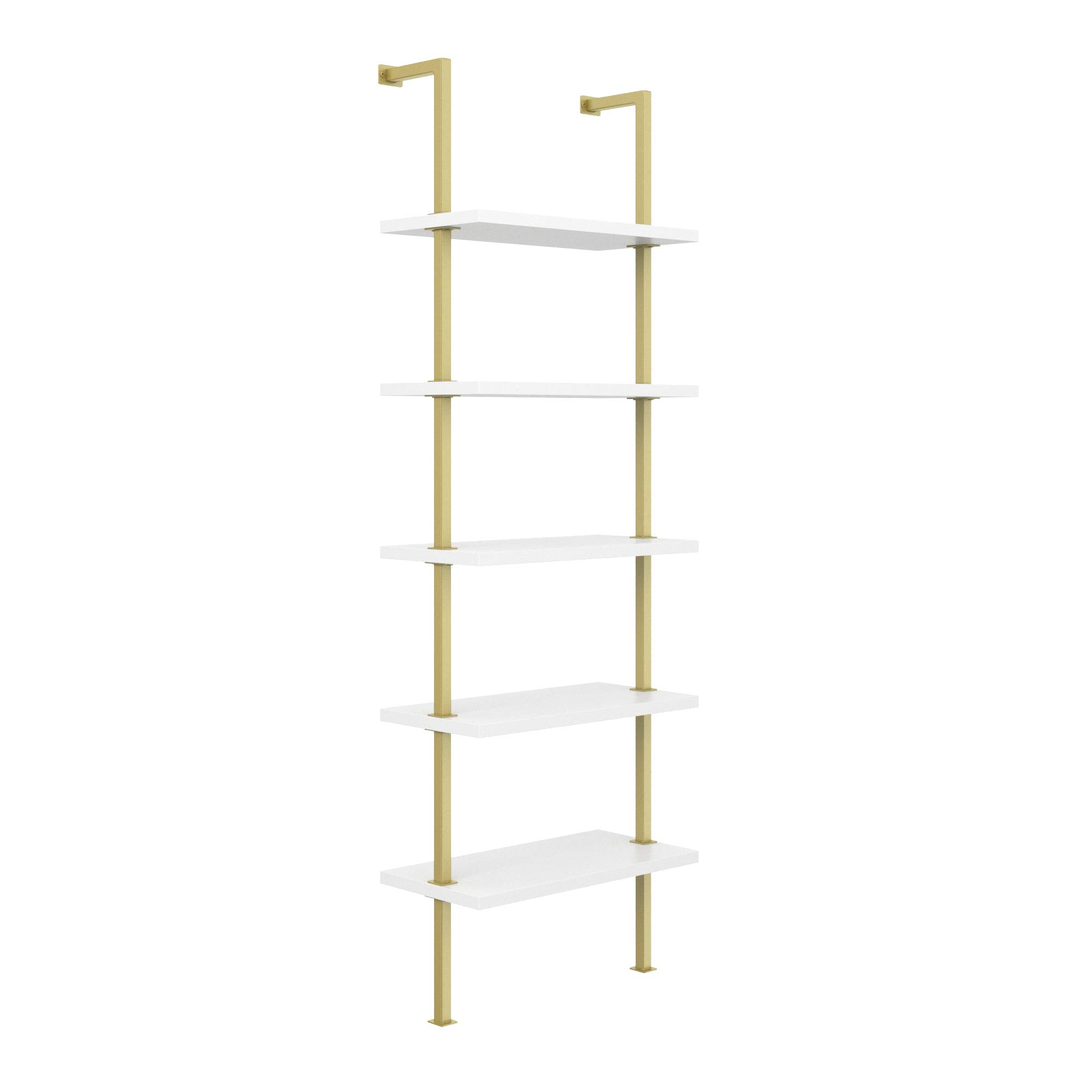 Nathan James Theo 5-Shelf Modern Bookcase, Open Wall Mount Ladder Bookshelf with Industrial Metal Frame, White/Gold