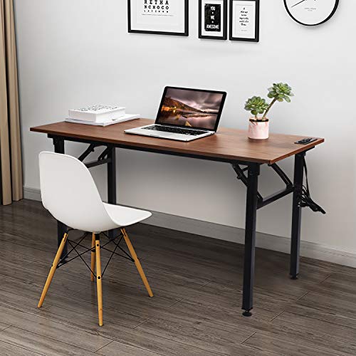 Frylr Folding Computer Desk with Plugs & USB Ports, Home Office Desks Foldable 43.3x19.6x29.5 Inch Study Table for Student Writing Desk for PC/Laptop, No Installation, Walnut + Black Leg