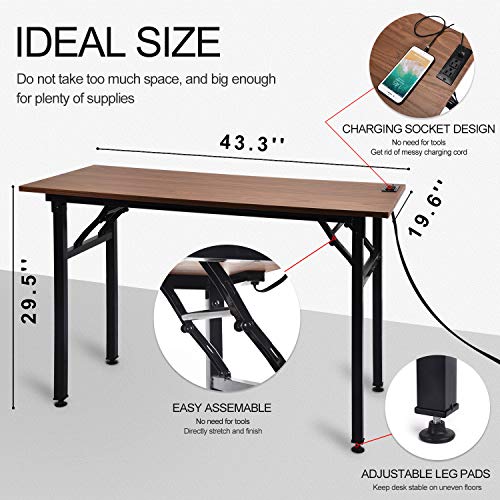 Frylr Folding Computer Desk with Plugs & USB Ports, Home Office Desks Foldable 43.3x19.6x29.5 Inch Study Table for Student Writing Desk for PC/Laptop, No Installation, Walnut + Black Leg
