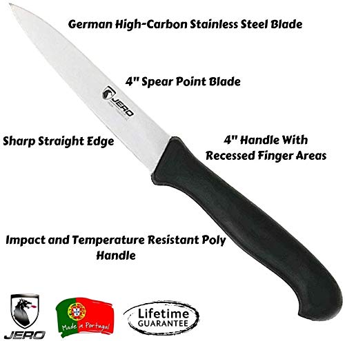 Jero 4 Inch Paring Knives - 6 Pack - Spear Point Blade Design - German High-Carbon Stainless Steel Blade With Impact And Temperature Resistant Poly Handle - Made In Portugal