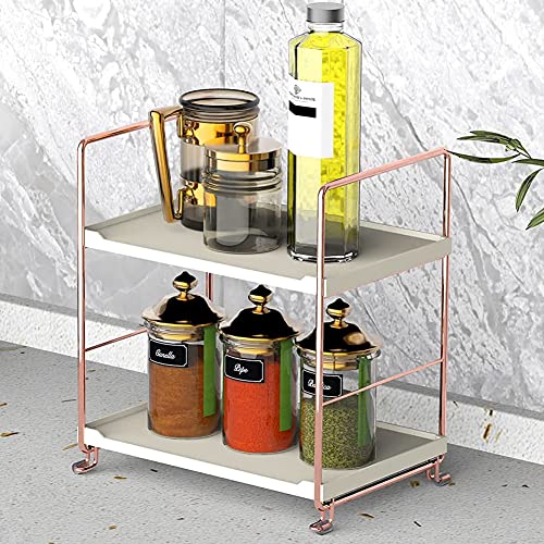 kaileyouxiangongsi Plastic/Metal Freestanding Stackable Organizer Shelf,Bathroom Countertop Storage Shelf Cosmetic Organizer Holder Kitchen Spice Rack,2-Tier Standing Rack (Rose Gold)