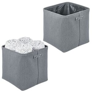 mdesign soft cotton fabric bathroom storage bin with handles - organizer for towels, toilet paper rolls - for closets, cabinets, shelves - textured weave, 2 pack - charcoal gray