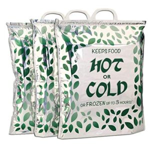 hot cold food bag, large size 16x18x6 inches (3 pack) reusable, insulated thermal cooler for warm lunch meals, grocery/fruit/meat/vegetables, ice-cold beers & beverages | keeps frozen up to 3 hours