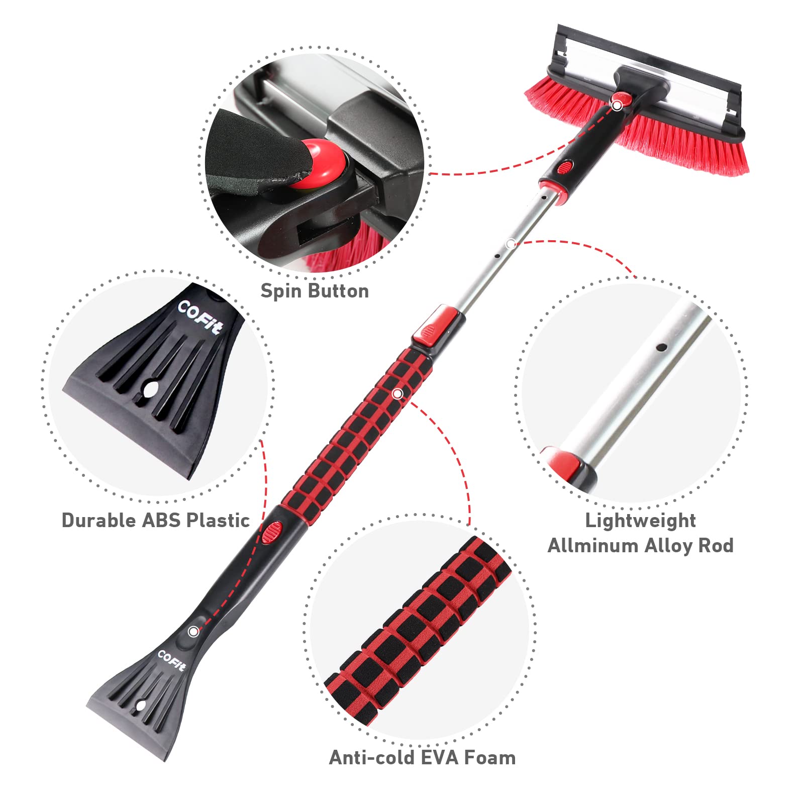 COFIT Car Snow Brush Extendable 31" to 39", Detachable Snow Removal Broom with Squeegee Ice Scraper Heavy-Duty for Car Truck SUV MPV Windshield Windows