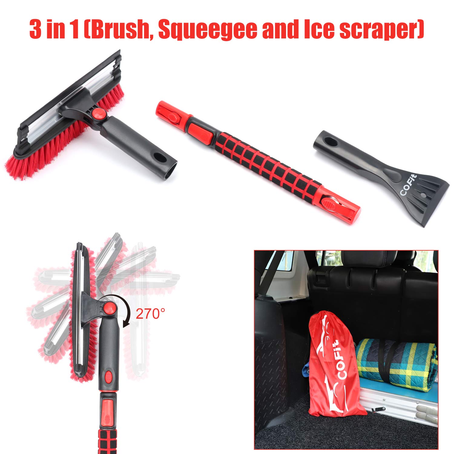 COFIT Car Snow Brush Extendable 31" to 39", Detachable Snow Removal Broom with Squeegee Ice Scraper Heavy-Duty for Car Truck SUV MPV Windshield Windows