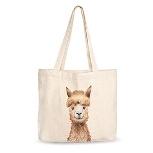 canvas tote bag, animal design, heavy duty gusseted, 100% natural cotton, for shopping, grocery, laptop, school books (t-alpaca)