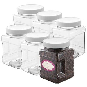 DilaBee Clear Plastic Storage Jars with Lids - 6 Pack - Square Plastic Containers with Airtight Lids - Canisters with Pinch Grip Handles - BPA-Free - 32 Oz