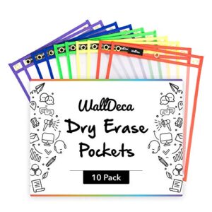 walldeca dry erase pocket sleeves assorted colors, 8.5" x 11", plastic paper holder pack, reusable dry erase sleeves, paper pocket folders plastic, 5 colors (10-pack)