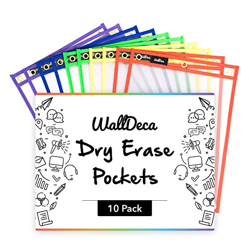 WallDeca Dry Erase Pocket Sleeves Assorted Colors, 8.5" x 11", Plastic Paper Holder Pack, Reusable Dry Erase Sleeves, Paper Pocket Folders Plastic, 5 Colors (10-Pack)