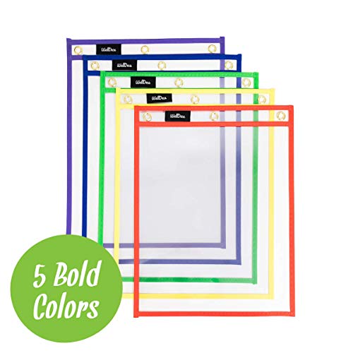 WallDeca Dry Erase Pocket Sleeves Assorted Colors, 8.5" x 11", Plastic Paper Holder Pack, Reusable Dry Erase Sleeves, Paper Pocket Folders Plastic, 5 Colors (10-Pack)