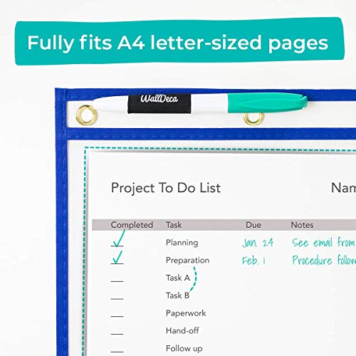 WallDeca Dry Erase Pocket Sleeves Assorted Colors, 8.5" x 11", Plastic Paper Holder Pack, Reusable Dry Erase Sleeves, Paper Pocket Folders Plastic, 5 Colors (10-Pack)