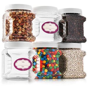 DilaBee Clear Plastic Storage Jars with Lids - 6 Pack - Square Plastic Containers with Airtight Lids - Canisters with Pinch Grip Handles - BPA-Free - 48 Oz