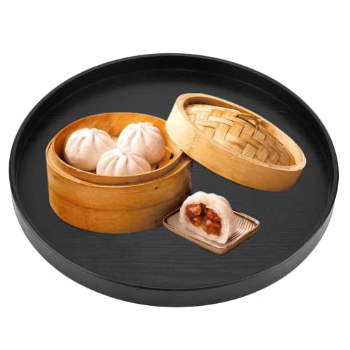 Wood Round Serving Trays, Non Slip Tray, Plastic, Round, 33cm / 12.99 inch, Black Wooden Plate Tea Food Server Dishes Water Drink Platter