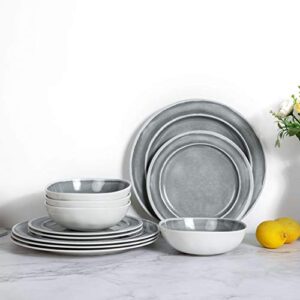 melamine dinnerware set - 12pcs dishes dinnerware set for 4, indoor and outdoor use, dishwasher safe, break-resistant, lightweight, gray