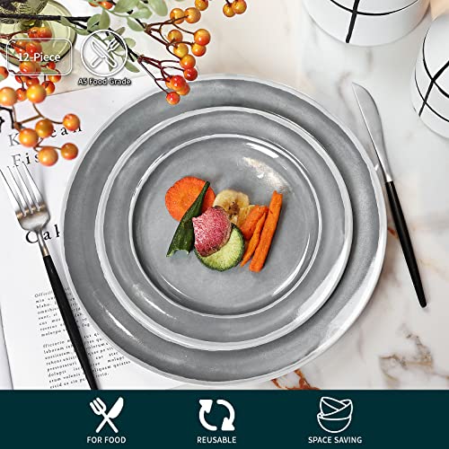 Melamine Dinnerware Set - 12pcs Dishes Dinnerware Set for 4, Indoor and Outdoor use, Dishwasher Safe, Break-resistant, Lightweight, Gray