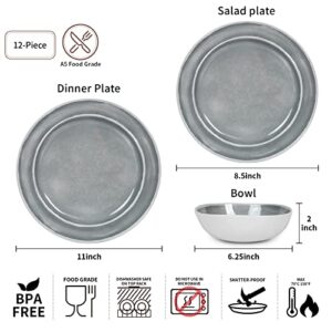 Melamine Dinnerware Set - 12pcs Dishes Dinnerware Set for 4, Indoor and Outdoor use, Dishwasher Safe, Break-resistant, Lightweight, Gray