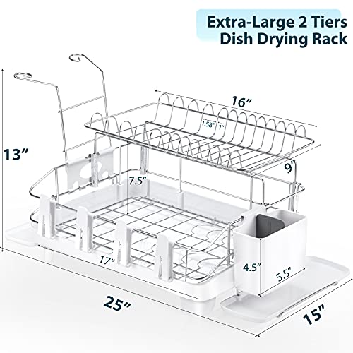 Ohuhu Dish Drying Rack with Drainboard, 2-Tier Stainless Steel Dish Racks with 360-Degree Swivel Spout & Utensil Holder, Large Dish Drainer for Kitchen Counter,27" x 13" x 13"