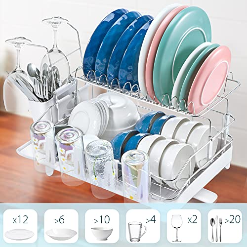 Ohuhu Dish Drying Rack with Drainboard, 2-Tier Stainless Steel Dish Racks with 360-Degree Swivel Spout & Utensil Holder, Large Dish Drainer for Kitchen Counter,27" x 13" x 13"