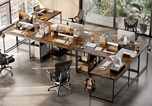 Bestier Industrial L Shaped Desk with Shelves 94.5 Inch Reversible Corner Computer Desk or 2 Person Long Table Office Writing Study Workstation with Monitor Stand and Headphone Hook, Rustic Brown