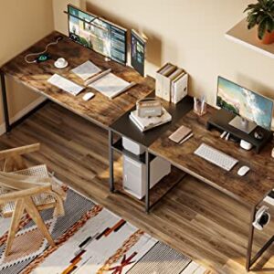 Bestier Industrial L Shaped Desk with Shelves 94.5 Inch Reversible Corner Computer Desk or 2 Person Long Table Office Writing Study Workstation with Monitor Stand and Headphone Hook, Rustic Brown