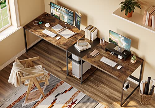 Bestier Industrial L Shaped Desk with Shelves 94.5 Inch Reversible Corner Computer Desk or 2 Person Long Table Office Writing Study Workstation with Monitor Stand and Headphone Hook, Rustic Brown