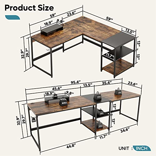 Bestier Industrial L Shaped Desk with Shelves 94.5 Inch Reversible Corner Computer Desk or 2 Person Long Table Office Writing Study Workstation with Monitor Stand and Headphone Hook, Rustic Brown