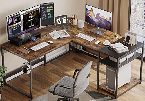 Bestier Industrial L Shaped Desk with Shelves 94.5 Inch Reversible Corner Computer Desk or 2 Person Long Table Office Writing Study Workstation with Monitor Stand and Headphone Hook, Rustic Brown