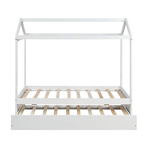 Harper & Bright Designs House Bed , Bed Frame Twin with Trundle and Roof, Toddler Daybed Twin, Children's Bed, No Box Spring Needed ,White