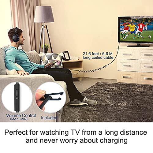 SIMOLIO Long Cord Headphones for TV and PC with Volume Control and Mic, 21.6FT/6.6M Extended Cable with Clip, RCA & 3.5mm AUX Audio, Fold-Flat Stereo Over Ear Wired TV Headphones, SM-906TV