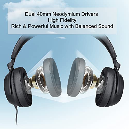 SIMOLIO Long Cord Headphones for TV and PC with Volume Control and Mic, 21.6FT/6.6M Extended Cable with Clip, RCA & 3.5mm AUX Audio, Fold-Flat Stereo Over Ear Wired TV Headphones, SM-906TV