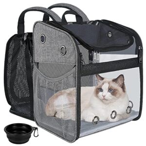 expandable cat backpack carrier, breathable mesh pet carrier backpack for cats, dogs, rabbits, small pets, clear foldable cat pack backpack with waist pad for walking, travel, hiking, camping, outdoor