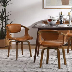 art leon swivel dining chairs, set of 2, mid century modern faux leather kitchen dining room chair with arms, desk chairs no wheels, brown