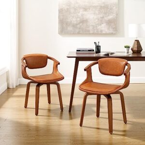 Art Leon Swivel Dining Chairs, Set of 2, Mid Century Modern Faux Leather Kitchen Dining Room Chair with Arms, Desk Chairs No Wheels, Brown