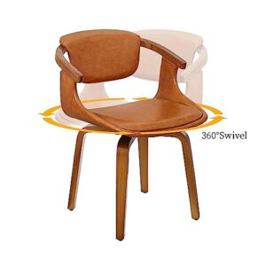 Art Leon Swivel Dining Chairs, Set of 2, Mid Century Modern Faux Leather Kitchen Dining Room Chair with Arms, Desk Chairs No Wheels, Brown