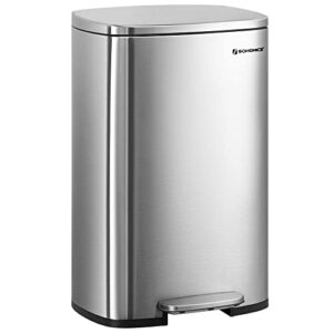 songmics 13 gallon trash can, stainless steel kitchen garbage can, recycling or waste bin, soft close, step-on pedal, removable inner bucket, silver ultb050e01