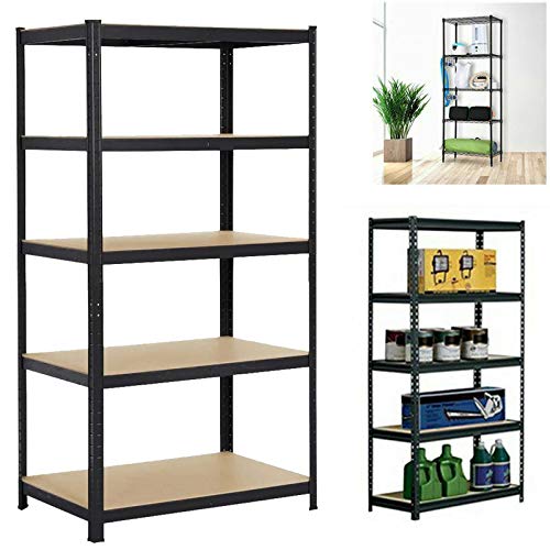 5 Tier Storage Rack Black Shelving Unit Storage Shelves Metal Loading Capacity 175kg/ 386lbs Per Shelf, Heavy Duty Slat Shelving Unit for Storage, Black, 28" L x 12" W x 59" H