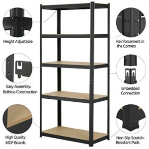 5 Tier Storage Rack Black Shelving Unit Storage Shelves Metal Loading Capacity 175kg/ 386lbs Per Shelf, Heavy Duty Slat Shelving Unit for Storage, Black, 28" L x 12" W x 59" H