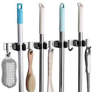 shyosucce mop broom holder wall mount with 4 racks and 5 hooks, 304 stainless steel broom organizer for garden garage kitchen bathroom (black)
