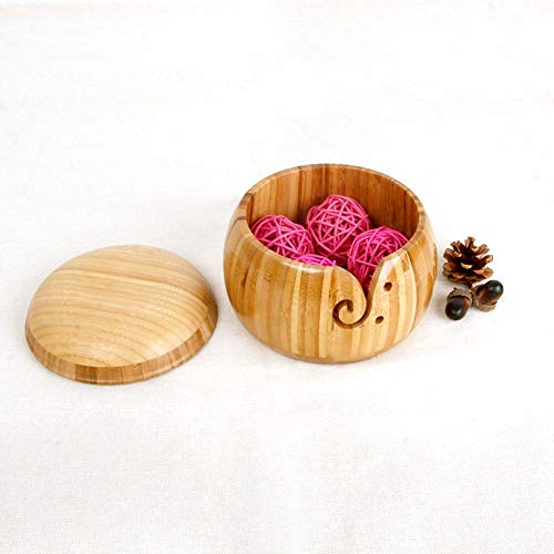 Yosoo Bamboo Yarn Bowl, Knitting Bowl Carbonized Brown Bowl Yarn Holder with Removable Lid for Knitting and Crochet