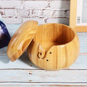 Yosoo Bamboo Yarn Bowl, Knitting Bowl Carbonized Brown Bowl Yarn Holder with Removable Lid for Knitting and Crochet