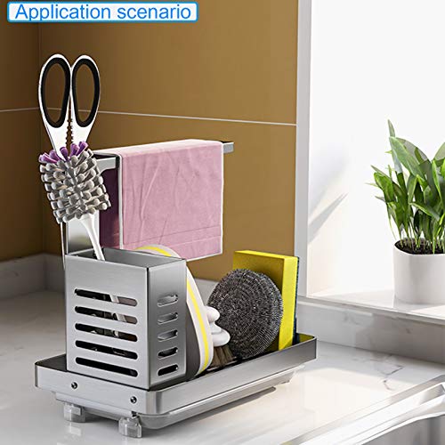 BeBeHome Sink Caddy Organizer, Sponge Holder for Sink Soap Brush Dispenser Holder with Rag Rack Suction Cup Dishcloth Holder with Drain Pan Stainless Steel Silver 9.5X4.5X8.9 in