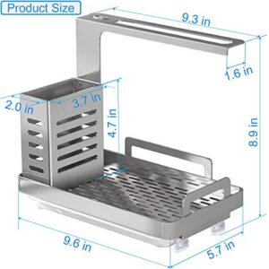 BeBeHome Sink Caddy Organizer, Sponge Holder for Sink Soap Brush Dispenser Holder with Rag Rack Suction Cup Dishcloth Holder with Drain Pan Stainless Steel Silver 9.5X4.5X8.9 in